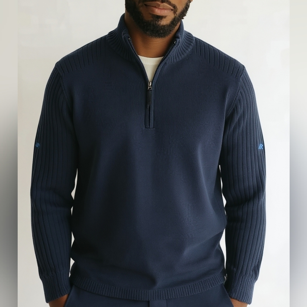 Minuzo Mens Navy Blue Ribbed Quarter Zip Wind Proof Lined Golf Sweater L